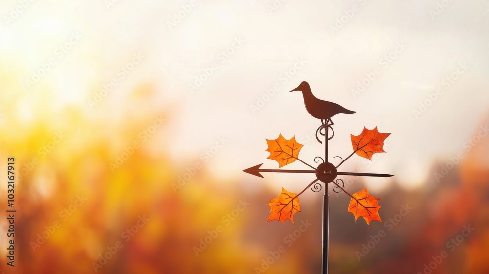 A decorative weather vane featuring a bird, surrounded by vibrant autumn leaves, captures the essence of fall against a soft, blurred background. A decorative weather vane featuring a bird, surrounded by vibrant autumn leaves, captures the essence of fall against a soft, blurred background.