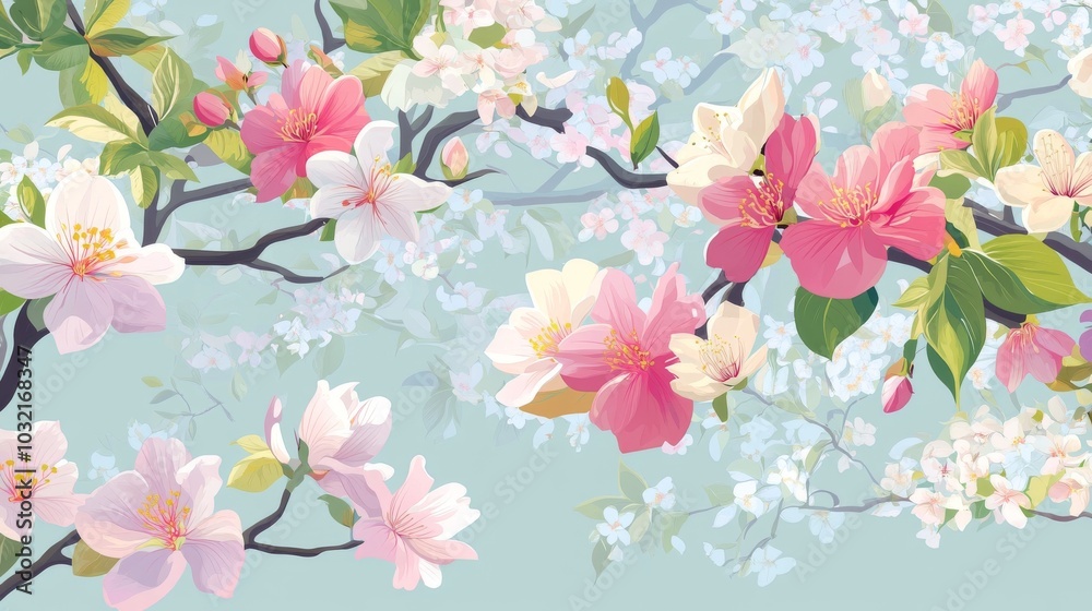 vector tapestry of spring's awakening graceful tree branches intertwine with diverse blooms - from delicate cherry blossoms to bold magnolias leaves in various stages unfurl, celebrating nature's vector tapestry of spring's awakening graceful tree branches intertwine with diverse blooms - from delicate cherry blossoms to bold magnolias leaves in various stages unfurl, celebrating nature's