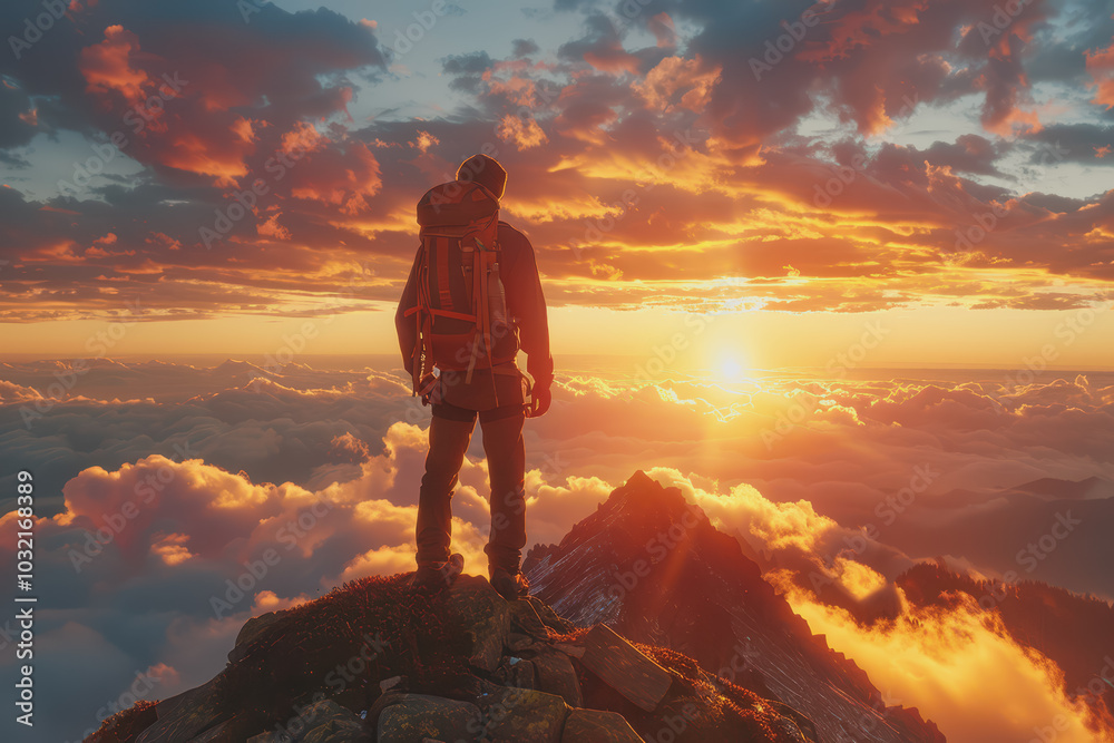 Fototapeta premium A man who hikers enjoy a break look at the top of the mountain at sunset adventure travel.