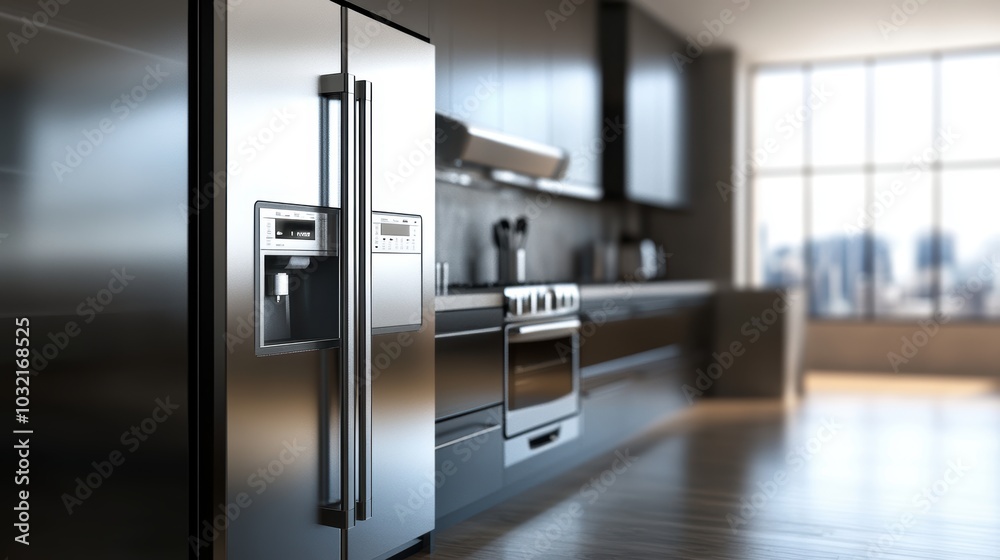 Stainless steel refrigerator in modern kitchen. Stainless steel refrigerator in modern kitchen.