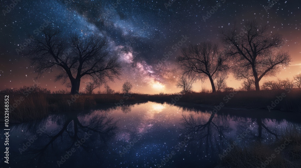 Fototapeta premium Silhouetted trees reflect in a still pond under a starry