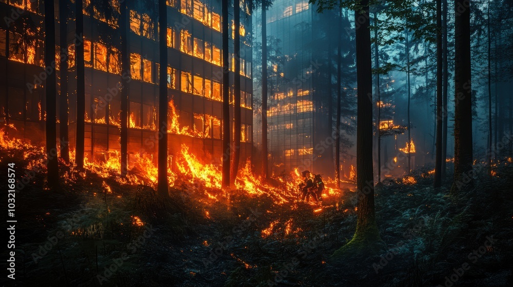 Fototapeta premium Firefighters battling forest fire near burning building.