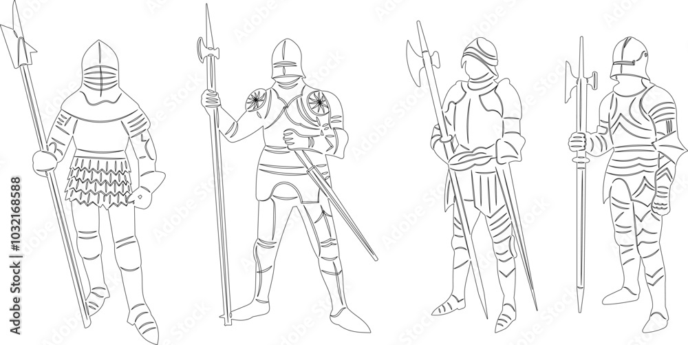 knights with spears, outline sketch, vector knights with spears, outline sketch, vector