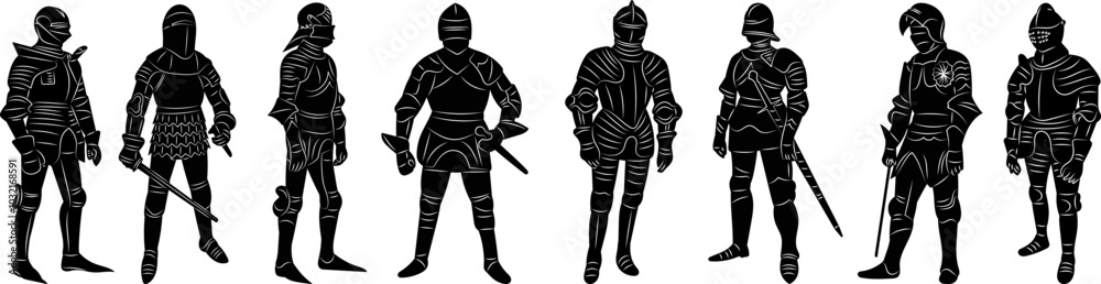 knights standing with weapons, silhouette, vector knights standing with weapons, silhouette, vector