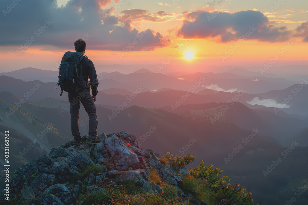 A man who hikers enjoy a break look at the top of the mountain at sunset adventure travel.
