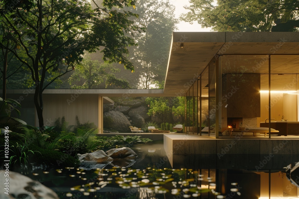 Obraz premium A serene house scene with a pond in the foreground, suitable for use in peaceful and calm themed projects