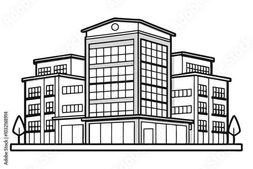 Multi-Storey Building Continuous Line Art Drawing of Apartment, Office, or Industrial Structure, illustration on black and white.