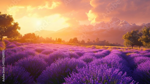 Purple lavender field at sunset with mountains.