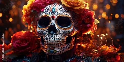 A skeleton is wearing a flower headdress and is surrounded by flowers