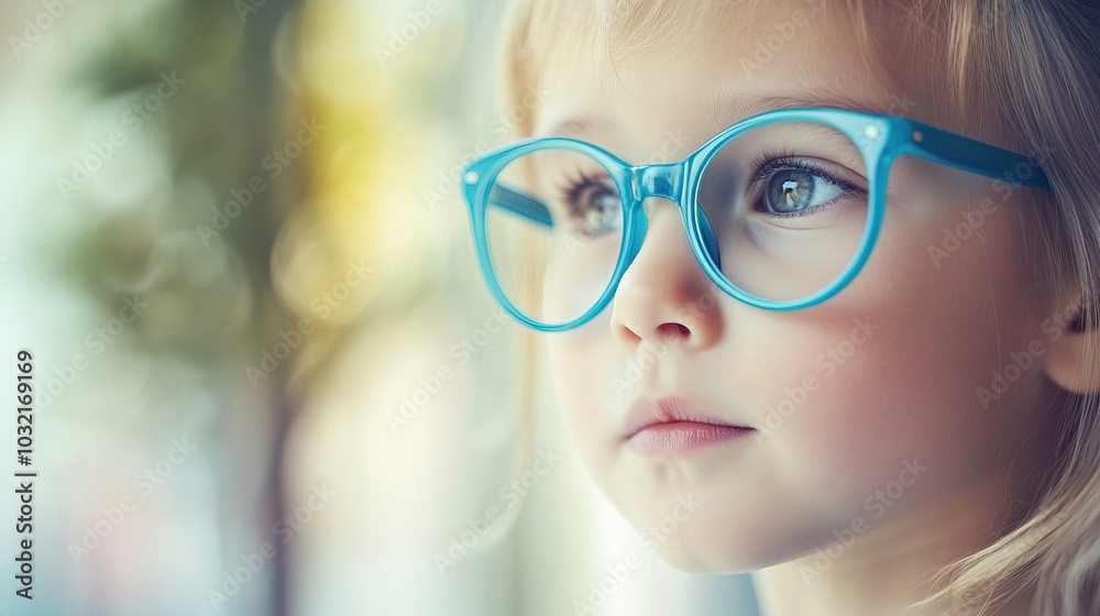 Young child wearing blue glasses focusing on distant tree outside window, symbolizing myopia prevention and importance of outdoor activities.