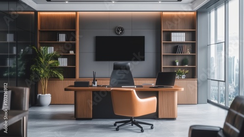 Modern office with large windows and wooden shelves.