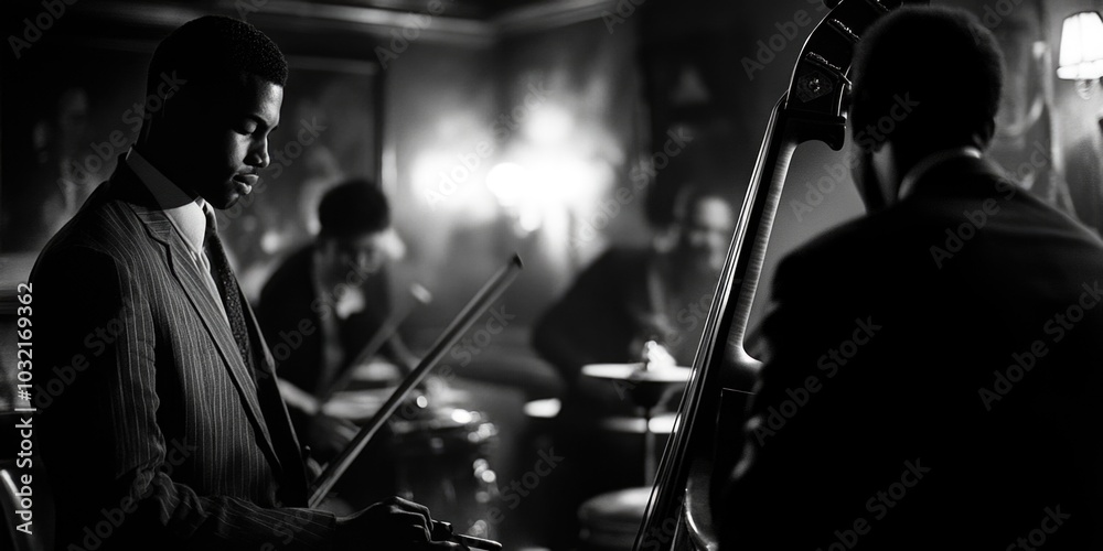Fototapeta premium A person in a suit holding and playing a bass guitar