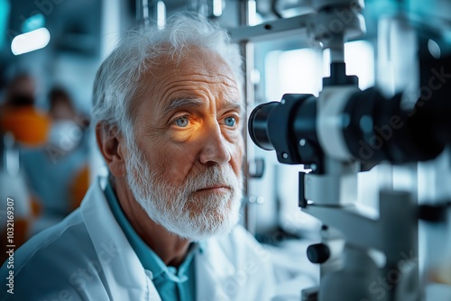 An elderly patient receives an eye examination with a fundus camera in a modern clinic during a routine check-up