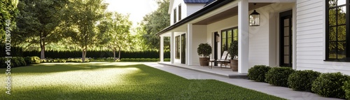 Wallpaper Mural Modern house exterior with lush green lawn and trees in a serene setting, perfect for a tranquil lifestyle. Torontodigital.ca