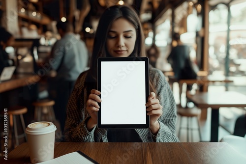 A woman sits in a café holding a blank tablet for display while surrounded by a warm and inviting atmosphere during daytime