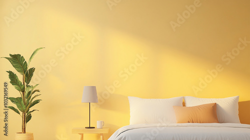 A cozy bedroom interior featuring soft lighting, plush pillows, and minimalistic decor, creating a calming and serene atmosphere, ideal for a relaxing virtual background.