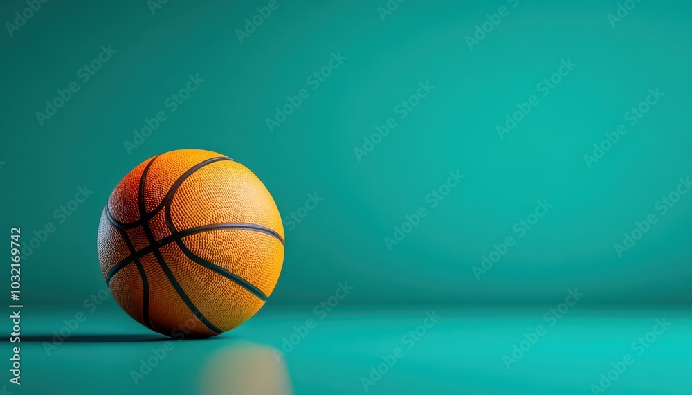 A basketball ball rests on a smooth surface with a vibrant turquoise backdrop A basketball ball rests on a smooth surface with a vibrant turquoise backdrop