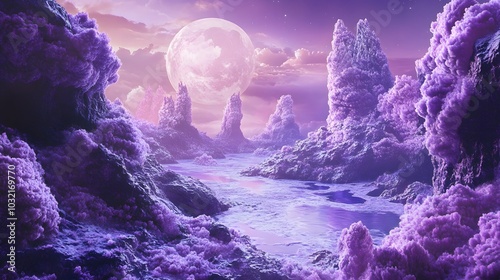 A purple landscape with a large moon in the sky. The sky is filled with clouds and the moon is shining brightly. The landscape is full of purple trees and rocks, creating a serene