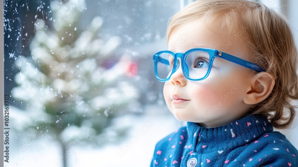 Young child wearing blue glasses focusing on distant tree outside window, symbolizing myopia prevention and importance of outdoor activities. Young child wearing blue glasses focusing on distant tree outside window, symbolizing myopia prevention and importance of outdoor activities.