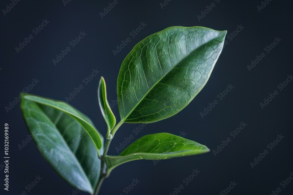 Three green leaves are growing on a branch against a blue background