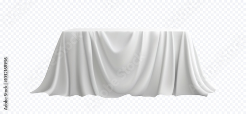 White fabric draped over a rectangular table, isolated on a transparent background. The soft fold and flowing texture create an elegant look, perfect for design mockups, event setup. Vector