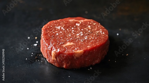 Raw Beef Patty with Salt and Pepper on Black Background