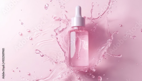 A liquid serum splash showcasing hyaluronic acid against a soft pastel background