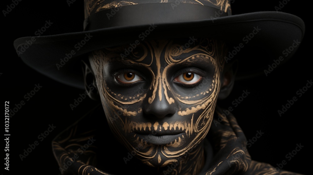 kid with hat in skeleton Halloween makeup looking at camera while on black background kid with hat in skeleton Halloween makeup looking at camera while on black background
