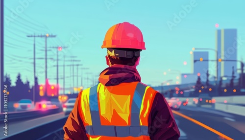 Construction worker on a highway site wearing safety gear at dusk