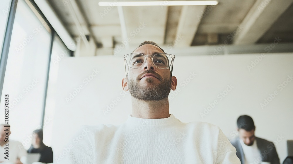Obraz premium Focused Male Professional in Modern Open Office Collaborating with Team During Afternoon
