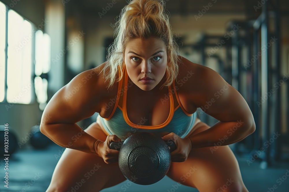 Obraz premium A determined plus-size woman with short blonde hair lifts weights in a gym, showcasing strength and focus during her workout session in the morning