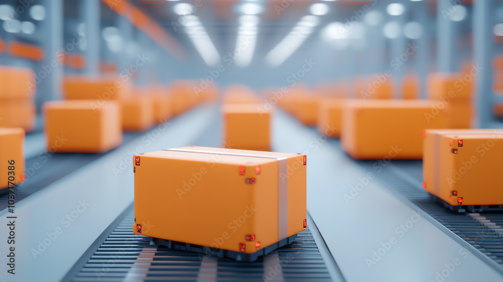A vibrant orange box is prominently featured on a conveyor belt in a modern warehouse, surrounded by many similar boxes, showcasing efficient logistics and transportation. A vibrant orange box is prominently featured on a conveyor belt in a modern warehouse, surrounded by many similar boxes, showcasing efficient logistics and transportation.