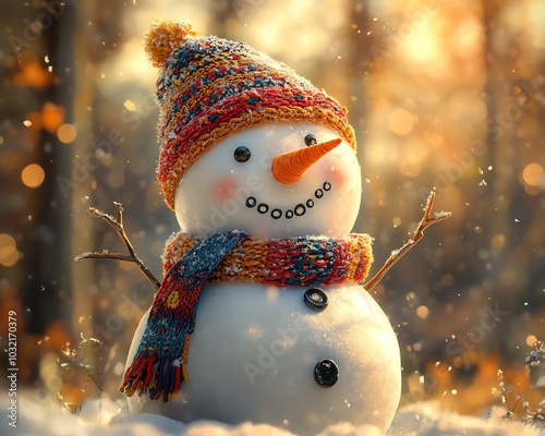 Adorable snowman with a friendly grin, wearing a colorful handknit scarf and hat, amidst a snowy pine forest, gentle snowflakes and golden sunlight photo