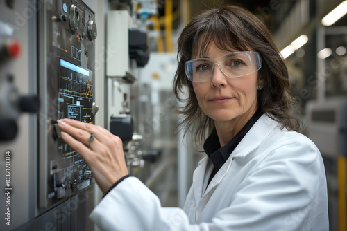 A woman with dark brown hair wearing safety glasses operates machinery in a laboratory setting during the day while wearing a lab coat