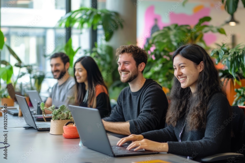 Smiling Coworkers in Modern Office Smiling Coworkers in Modern Office