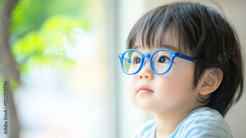 Young child wearing blue glasses focusing on distant tree outside window, symbolizing myopia prevention and importance of outdoor activities.