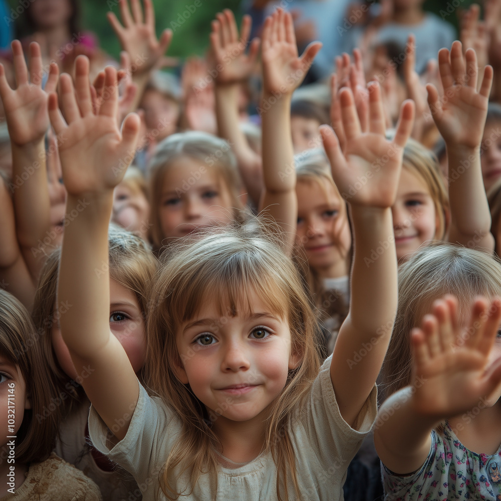 A group of children are standing together and raising their hands. Scene is joyful and happy A group of children are standing together and raising their hands. Scene is joyful and happy