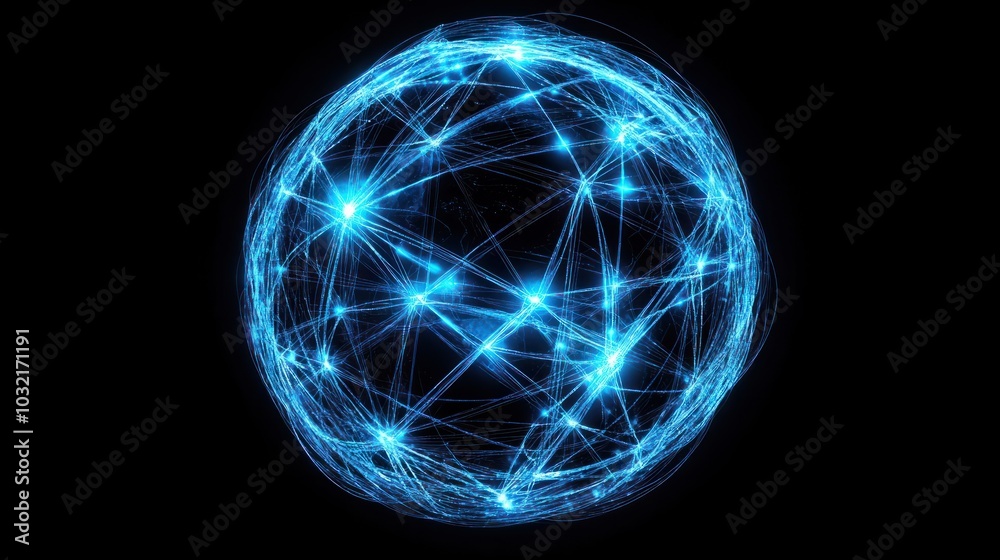 Abstract blue sphere with interconnected nodes, representing global connectivity, network, or technology.