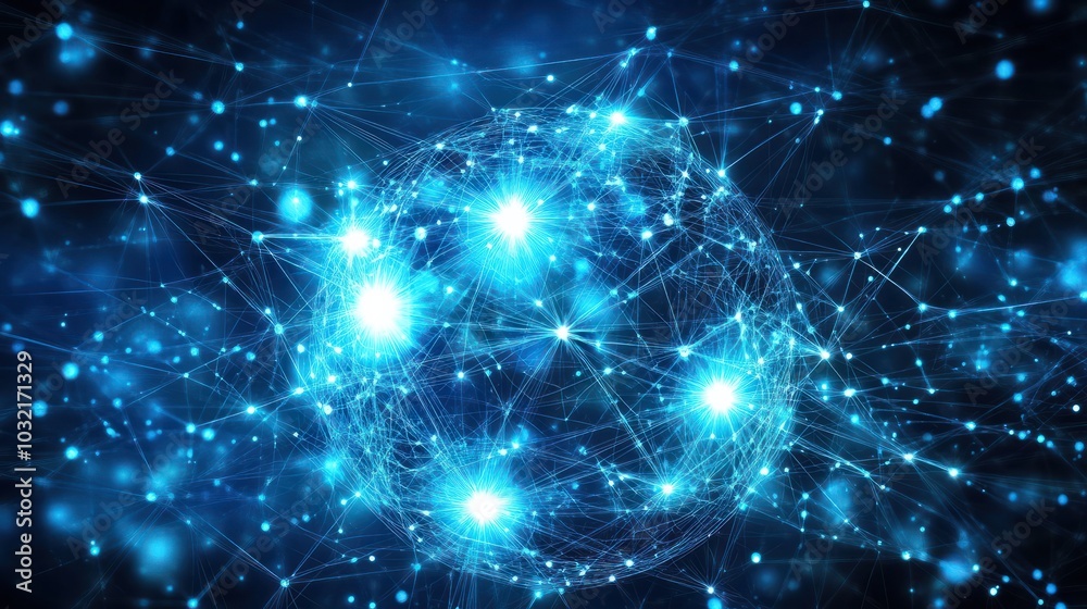 Abstract blue sphere with interconnected nodes, representing global connectivity, network, or technology.