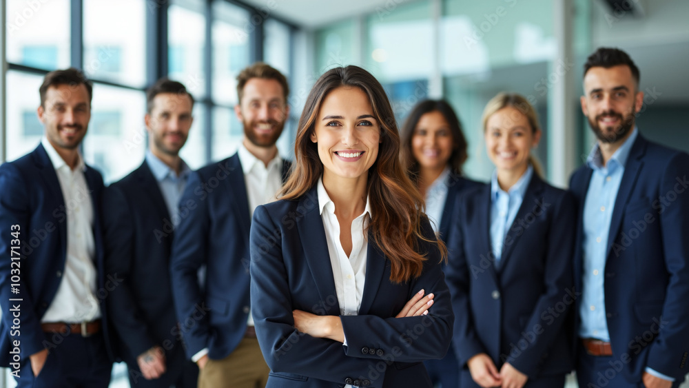 Diverse team of confident professionals led by female executive: Ideal for corporate diversity and leadership campaigns Diverse team of confident professionals led by female executive: Ideal for corporate diversity and leadership campaigns