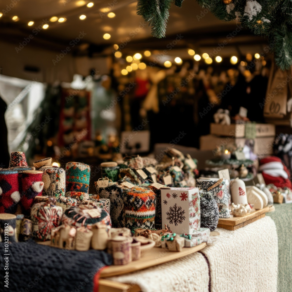 Christmas market stalls with festive handmade gifts Christmas market stalls with festive handmade gifts