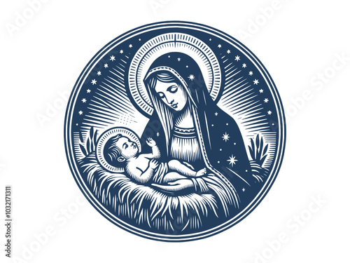 Virgin Mary and newborn baby Jesus in a manger. Bethlehem, Christmas.  Old vintage engraving vector illustration. Round emblem, print, tattoo