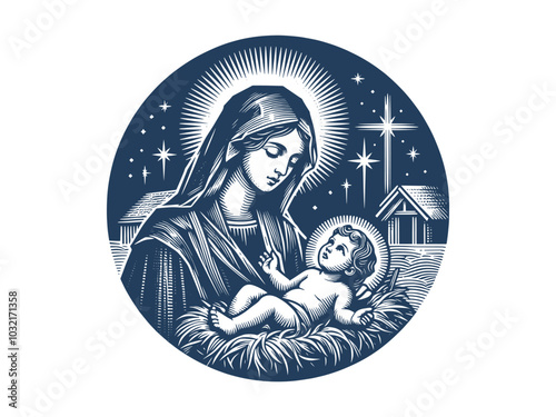 Virgin Mary and newborn baby Jesus in a manger. Bethlehem, Christmas.  Old vintage engraving vector illustration. Round emblem, print, tattoo