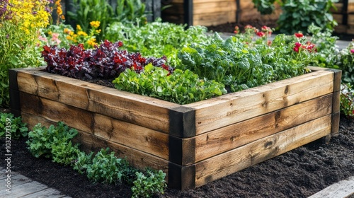 Wooden Raised Garden Bed with Red and Green Plants