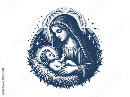 Virgin Mary and newborn baby Jesus in a manger. Bethlehem, Christmas.  Old vintage engraving vector illustration. Round emblem, print, tattoo