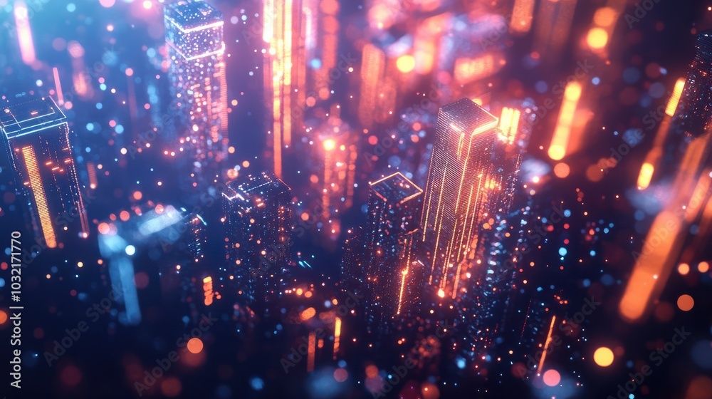 Abstract glowing particles forming cityscape shapes on a dark blue background, showcasing a futuristic urban concept. Generative AI Abstract glowing particles forming cityscape shapes on a dark blue background, showcasing a futuristic urban concept. Generative AI
