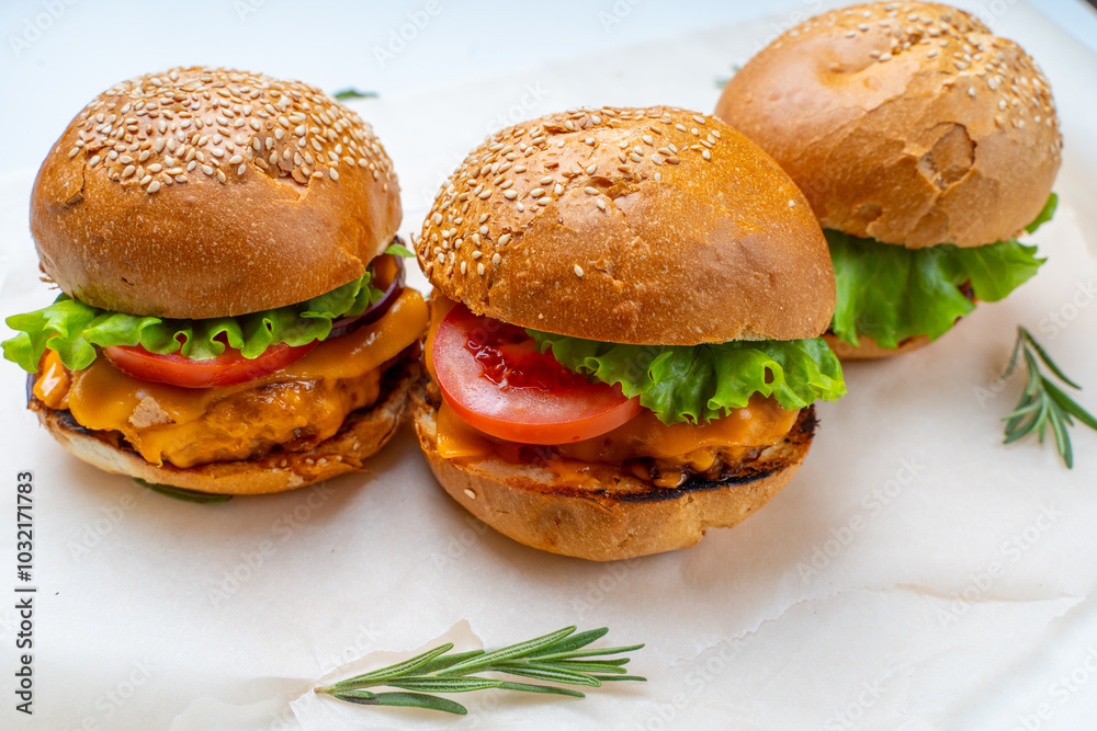 Juicy three burgers with beef patty, tomatoes, onions and lettuce on baking paper. on a light background Juicy three burgers with beef patty, tomatoes, onions and lettuce on baking paper. on a light background