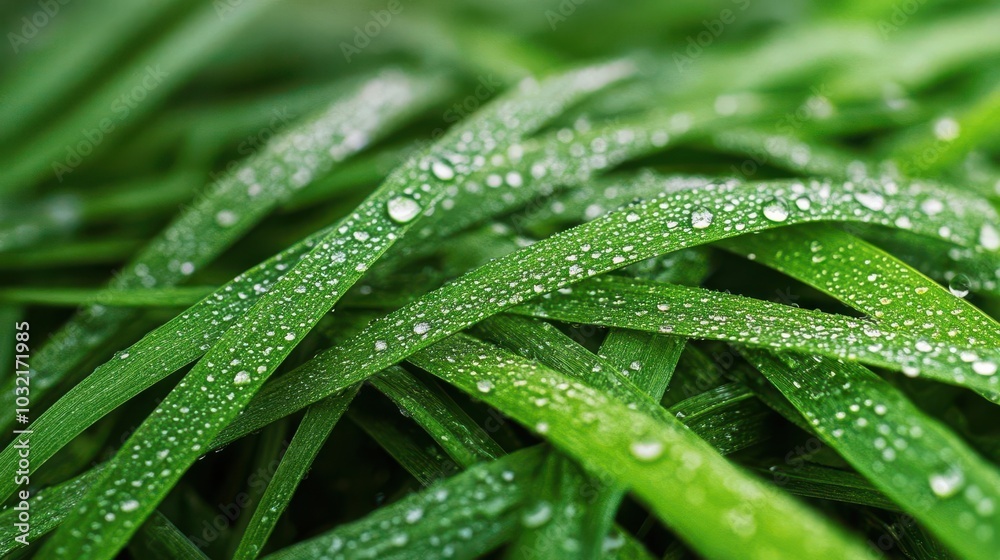 Close-up of water droplets on vibrant green grass, perfect for a refreshing day of outdoor sports or fitness, hydrated grass field, inviting and active environment Close-up of water droplets on vibrant green grass, perfect for a refreshing day of outdoor sports or fitness, hydrated grass field, inviting and active environment