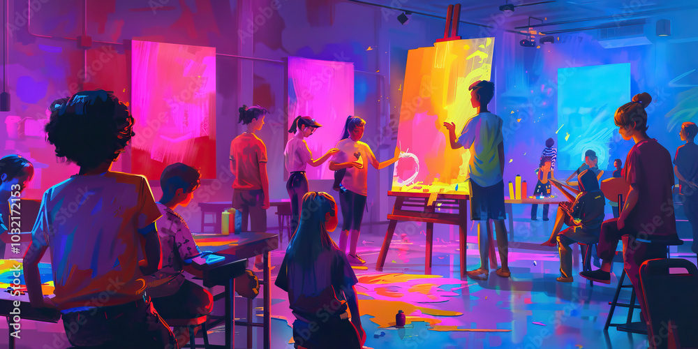 A vibrant art therapy class, where participants are encouraged to express themselves through color and shape, promoting self-discovery and healing. A vibrant art therapy class, where participants are encouraged to express themselves through color and shape, promoting self-discovery and healing.