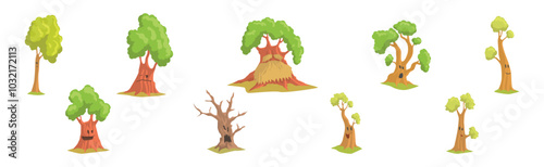 Cute Tree Character with Trunk and Green Crown Have Face Vector Set